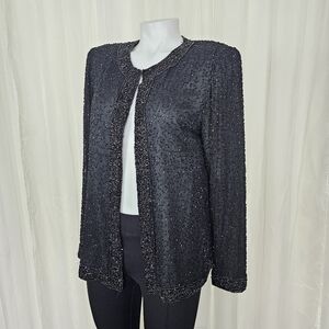 Vintage Laurence Kazar black fully beaded formal jacket neck clasp medium Glam